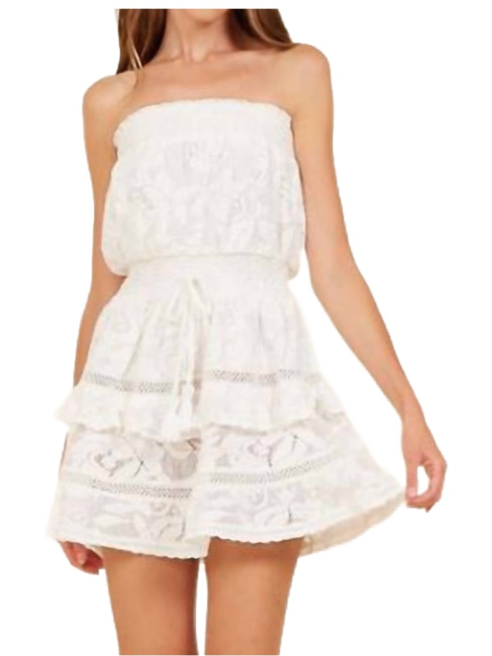 Surf Gypsy Cotton White Lace Smocked Strapless Mini Dress Size Large